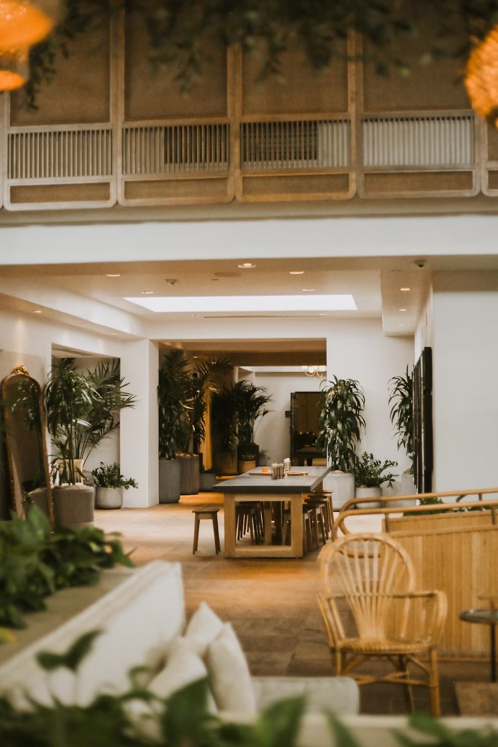 Plant-filled interior terrace with warm seating and skylight